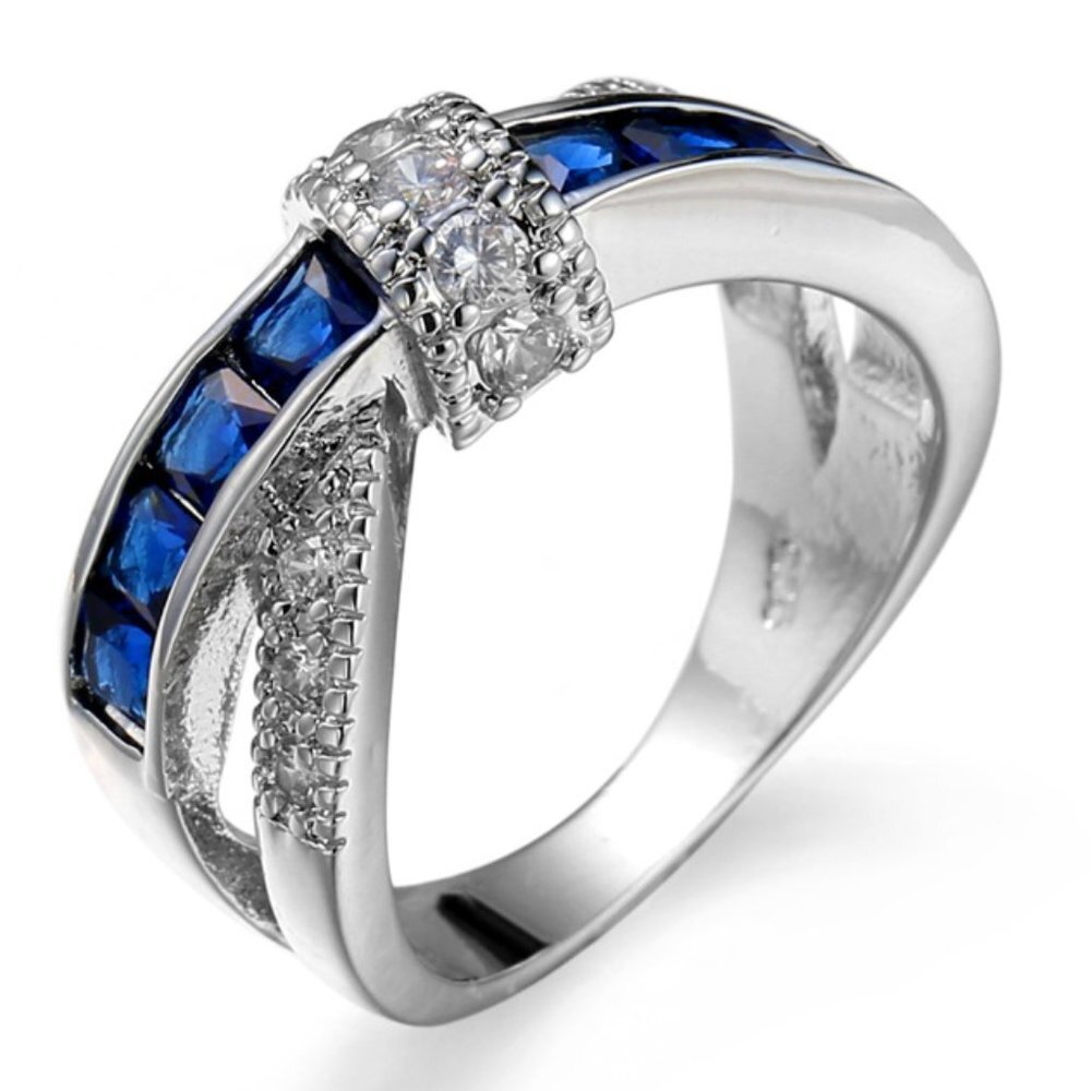 "925 Silver Plated Antique Blue CZ Punk Party Cocktail Ring, GPMB1403